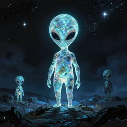 glowing alien inspired by René Laloux, Dan Mumford, Greg Rutkowski,stars, cinematic