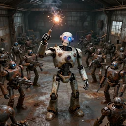 a realistic deranged robot holding a sparking welding torch over its head, standing in front of an army of robots inside a huge rusty dingy warehouse, army of robots, raygun gothic, atomic punk, digital art, detailed octane render, high angle