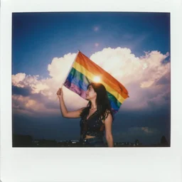 vintage polaroid analog photo of a beautiful woman holding a bisexual pride flag, big clouds, sunlight, golden hour, warm azure tones, heavy lensflare, color bleed, film grain, jules bastien - lepage, rudolph belarski, johfra bosschart, alexandre cabanel