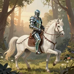 knight wearing armor made of thorns and glass rides a white unicorn into a forest clearing, digital illustration, radiant evening light, by greg rutkowski