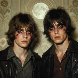 two handsome but sinister young men in layers of fear, with haunted eyes and wild hair, 1 9 7 0 s, seventies, wallpaper, a little blood, moonlight showing injuries, delicate embellishments, painterly, offset printing technique