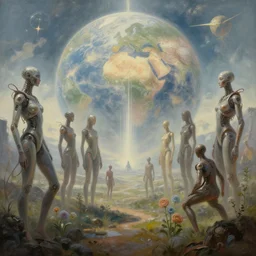 Aesthetic transhumanist fantasy landscape painting of artificial life forms ending the world as we know it, singularity, 8k, trending on cgsociety artstation, masterpiece, highly detailed, establishing shot, in a symbolic and meaningful style.