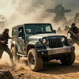 Mahindra thar, tribe members attacking, action scene, an epic fantasy, dramatic lighting, cinematic, establishing shot, extremely high detail, photorealistic, cinematic lighting, artstation, by christopher nolan, shadow of the tomb rider