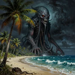 cthulhu rising from the ocean by a tropical beach with palm trees. lovecraftian horror. highly detailed science fiction painting by norman rockwell, frank frazetta, and syd mead. rich colors, high contrast, gloomy atmosphere, dark background. trending on artstation