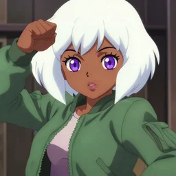 anime poster film still portrait of a black young woman, large, purple eyes, white hair!!!!!, french bob, green bomber jacket!!!!!, detailed facial features, dynamic pose, cute face by ilya kuvshinov, yoh yoshinari, makoto shinkai, rimlight, cel shaded, 4 k