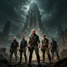 epic masterpiece of cinematographic hyperrealism where a group of archeologists appears in front of the dread tower. realistic shaded lighting poster by craig mallismo, artgerm, jeremy lipkin and michael garmash, unreal engine, radiant light, detailed and intricate environment, digital art, art station trends, horror, night, darkness