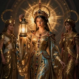 queen of the night with her lantern and regalia, by Annie Swynnerton and Nicholas Roerich and jean delville, dramatic cinematic lighting , ornate headdress , flowing robes, lost civilizations, extremely detailed