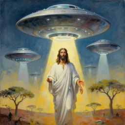 various UFOs hovering over an African Jesus, painting by Hsiao-Ron Cheng,