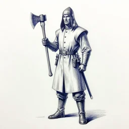 a Ballpoint pen art sketch of an executioner holding a big axe, full body