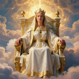 Tilda Swinton dressed as a Byzantine priestess on an ornate marble throne surrounded by heavenly clouds, beautiful face, beautiful light, light particles, intricate artwork. octane render, trending on artstation, Greg Rutkowski, Fragonard, golden hour, symmetrical, very coherent, cinematic, hyper realism, high detail, vibrant