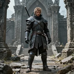 a masterful character portrait of a dragon age grey warden standing in the broken ruins of a dwarven temple