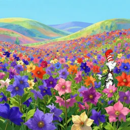 digital illustration of a field of giant vibrant multi - colored platycodon flowers by dr. seuss, reimagined by ilm and beeple : 1 | megaflora by dr. seuss, spectral color, rolling hills : 0. 9 | fantasy : 0. 9 | unreal engine, deviantart, artstation, hd, 8 k resolution : 0. 8