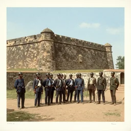 high quality photography of french soldiers standing next to an old west african fortress, photochrom print, postcard, 1 8 9 0.