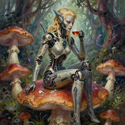 soft painting of an intricate and sophisticated terminator woman with borg enhancements and blonde hair sitting on a giant mushroom in a weird magical forest and drinking a cup of tea. Very detailed 8k. Fantasy cyberpunk horror