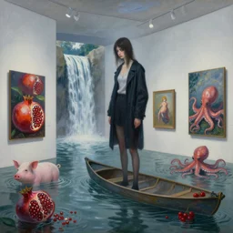 painting of a flooded new york art gallery, painting of a tall emo girl, paintings on the wall, pomegranates, waterfall,, pigs, octopus, canoe, berries, liminal space, sensual, surrealist, by magritte and monet