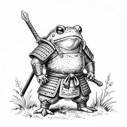 botanical technical drawing of a toad samurai :: Cottage core :: fine detailed :: line art :: lithography :: ink detail and color