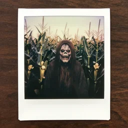 an old polaroid of a creepy monster in a cornfield