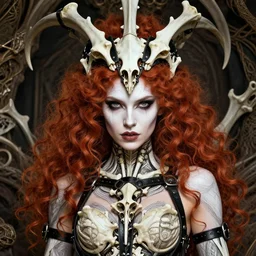 a single fierce looking beautiful young woman with curly red hair and symmetrical white makeup, black leather straps, wearing intricate bodysuit and headdress made from white bones and black leather, hyperdetailed illustration by irakli nadar and alexandre ferra, intricate linework, in the style of a national geographic portrait, unreal engine 5 highly rendered, global illumination, radiant light, detailed and intricate environment