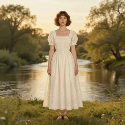 symmetrical, full body portrait of a woman with short wavy hair, round face, cottagecore!!, river, trees, golden hour, intricate, elegant, highly detailed, digital painting, artstation, concept art, smooth, sharp focus, illustration, art by artgerm and greg rutkowski and alphonse mucha
