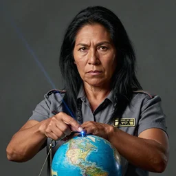 epic portrait of slightly muscular indigenous visionary sheila wattcloutier serious wearing shirt instructor uniform laser pointing globe, scales, detailed, artstation, concept art, donato giancola, joseph christian leyendecker, wlop, boris vallejo, stron eyes, highest resolution, extremely detailed beautiful, establishing shot, artistic, hyperrealistic, beautiful face, enhanced hands, octane render