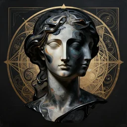 epic concept art. abstract female face silhouette mixing with black and color liquid fluid. abstract sculpture. art deco swirls. sacred geometry. masterpiece by michelangelo. concept art, matte painting. greg rutkowski, wlop, victo ngai