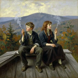 portrait of a boy and a girl, sitting on a cabin roof smoking cigarettes, looking over west virginia wilderness, oil on canvas by jean - baptiste - camille corot