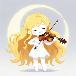 anime style, chibi, full body, a cute girl with white skin and golden long wavy hair holding a violin and playing a song, heavenly, stunning, modern art, lunar time, trending art, sharp focus, centered, landscape shot, happy, fleeting dream, simple background, studio ghibly makoto shinkai yuji yamaguchi, by wlop