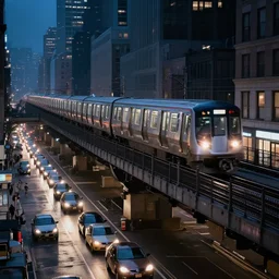 futuristic train drives on bridge over busy street full of cars in nyc at night, still photo, cinematic lighting