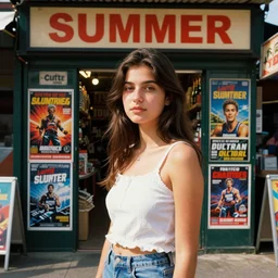 home photography portrait, the shop in the north of the market , floor, signboards , poster ; summer, Color VHS picture quality with mixed noise