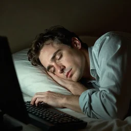 man bleary eyed at a computer not able to sleep, film still from the movie directed by Denis Villeneuve with art direction by Salvador Dalí, wide lens