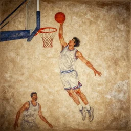 ”A ancient cave painting of a basketball player dunking”