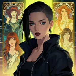 cyberpunk woman in a city, high detail, beautiful face, crisp shading, in the style of greg rutkowski and alphonse mucha and andree wallin and artgerm, artstation, half body portrait