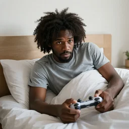 lanky black stoner with bad haircut, sulking in bed playing a video game because he's a moron husband