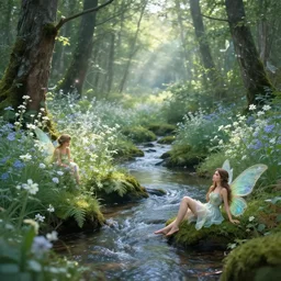 fairies, relax_by_the_forest_stream_along_mystic_flowers_made_of_fairy_dust_by_Tove_Janss