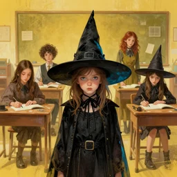 highly detailed portrait of a little witch classroom atey ghailan, james gilleard, by joe fenton, by greg rutkowski, by greg tocchini, by kaethe butcher, 4 k resolution, gradient yellow, black, brown and cyan color scheme, grunge aesthetic!!!