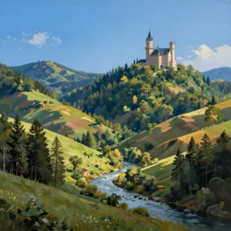 a painting of a beautiful landscape with rolling hills, pristine forests, and a clear blue sky. in the distance there is a castle perched atop a hill, and in the foreground there is a river winding through the scene