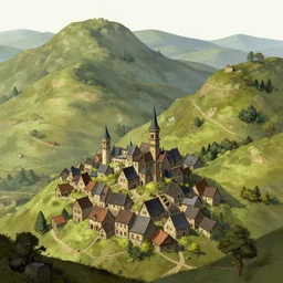 crooked fantasy town in a landscape of sleepy hills, artstation, artgerm, by frank frazetta, by peter bruegel the elder, by takato yamamoto, winding river in center, walled palace on top of a hill, townscape, black and white