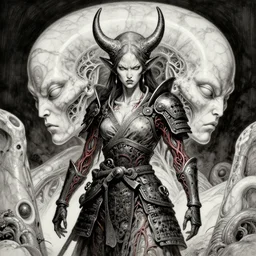 naraka buddhist demon korean female, angry female alien, epic samurai warrrior, tubular creature, blood vessels, no face, dystopian surrealism, alex ries zdzisław beksinski, symmetrical long head, smooth marble surfaces, smooth marble surfaces, detailed ink illustration, detailed ink illustration, raiden metal gear, cinematic smooth stone, deep aesthetic