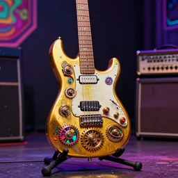 guitar on a stand on a stage with a golden shiny electric guitar amp, the electric guitar is futuristic steampunk style with gears and tubes, 8 k, fluorescent colors, halluzinogenic, multicolored, exaggerated detailed, unreal engine - h 7 6 8