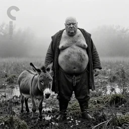 a movie still by tarkovsky of one giant obese old bald man in dirty medieval clothes with one tiny donkey in a mossy swamp, cinestill 8 0 0 t 3 5 mm b & w, heavy grain, high quality, noir, natural textures, photorealistic, ambient occlusion, hd, mud, fog, criterion collection, by sebastao salgado