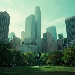 Sculpture. a cityscape in which tall, imposing buildings loom over a small city park. The scene is suffused with a eerie, light, and the overall effect is one of foreboding and menace. DayGlo green, cool by Jeremy Geddes, by Charles Gwathmey, by Michael Deforge ghostly