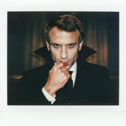 polaroid of emmanuel macron as dracula thirst for blood, long canines,, vampire, eerie, cinematic, movie still, emmanuel macron, fantasy, natural light, blood, sharp focus, dark ambience, natural light