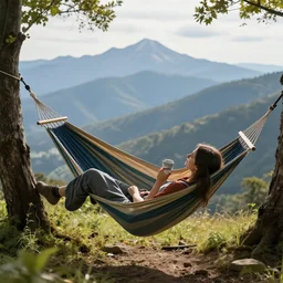 relaxing in a hammock on top of a mountain, amazing views, award winning photography, highly detailed