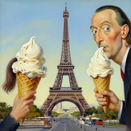 a dream painting of scoops of ice - cream in the shape of the eiffel tower in paris painted by james jean and salvador dali