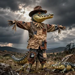 scarecrow of a crocodile humanoid, with leatherface, stitched up patches, eerie