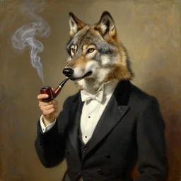 portrait of an aristocratic wolf wearing a tuxedo and smoking an old pipe, painting by ida rentoul outhwaite