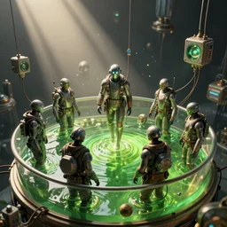 sci - fi, guild navigators mutants floating in a vat of green fluid, wires and sensors around, art by ismail inceoglu