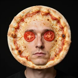 portrait of man with facial deformity making the head a flat and circular disc, looking like a pizza, doughy skin, baked crust appearance, freckles like burnt spots, eyes look like tomato slices, soft lighting, sharp focus, black background, masterpiece, case photo by jimmy nelson