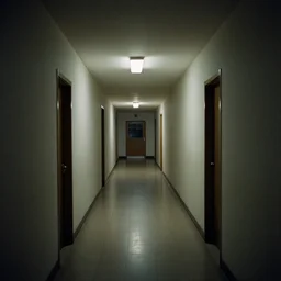 a school hallway at midnight with nobody inside, only 1 light can be seen working, liminal space, grainy