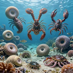 underwater view of a variety of cambrian era predators and prey ammonites, giant sea scorpions, echinoderms, horseshoe crabs, octane render, cinema 4 d, light rays, cinematic lighting, golden ratio, underwater photography, realistic, volumetric lighting, wildlife documentary, by greg rutkowski